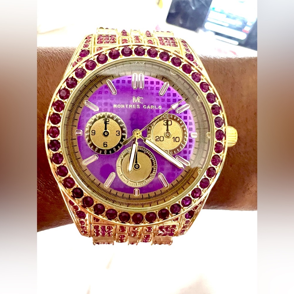 New Watch Gold and Purple Diamond Simulants -  Montres Carlo #5007 Unisex